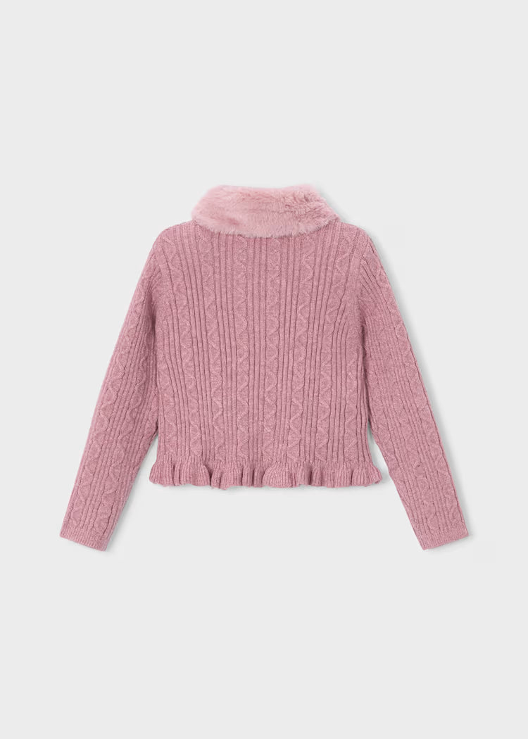 Girl Knit Cardigan With Faux Fur Collar