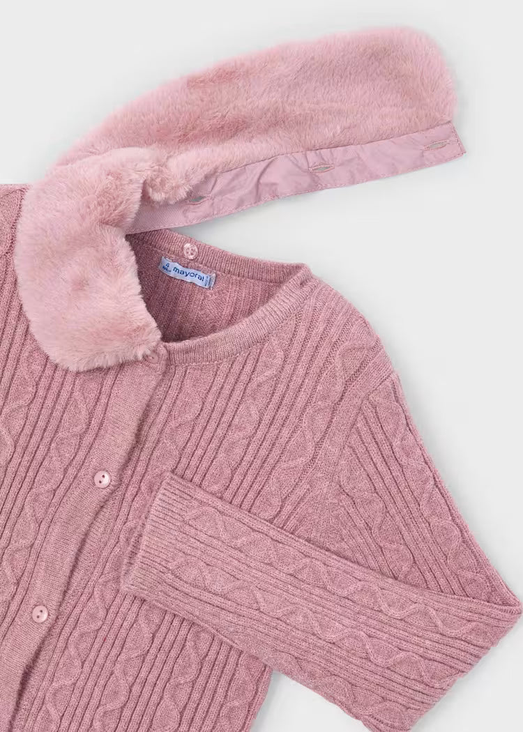 Girl Knit Cardigan With Faux Fur Collar