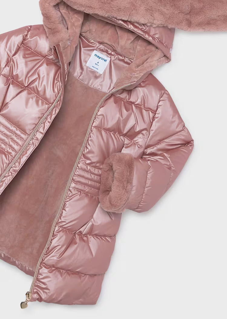 Girl Metallic Faux Fur Puffer Jacket