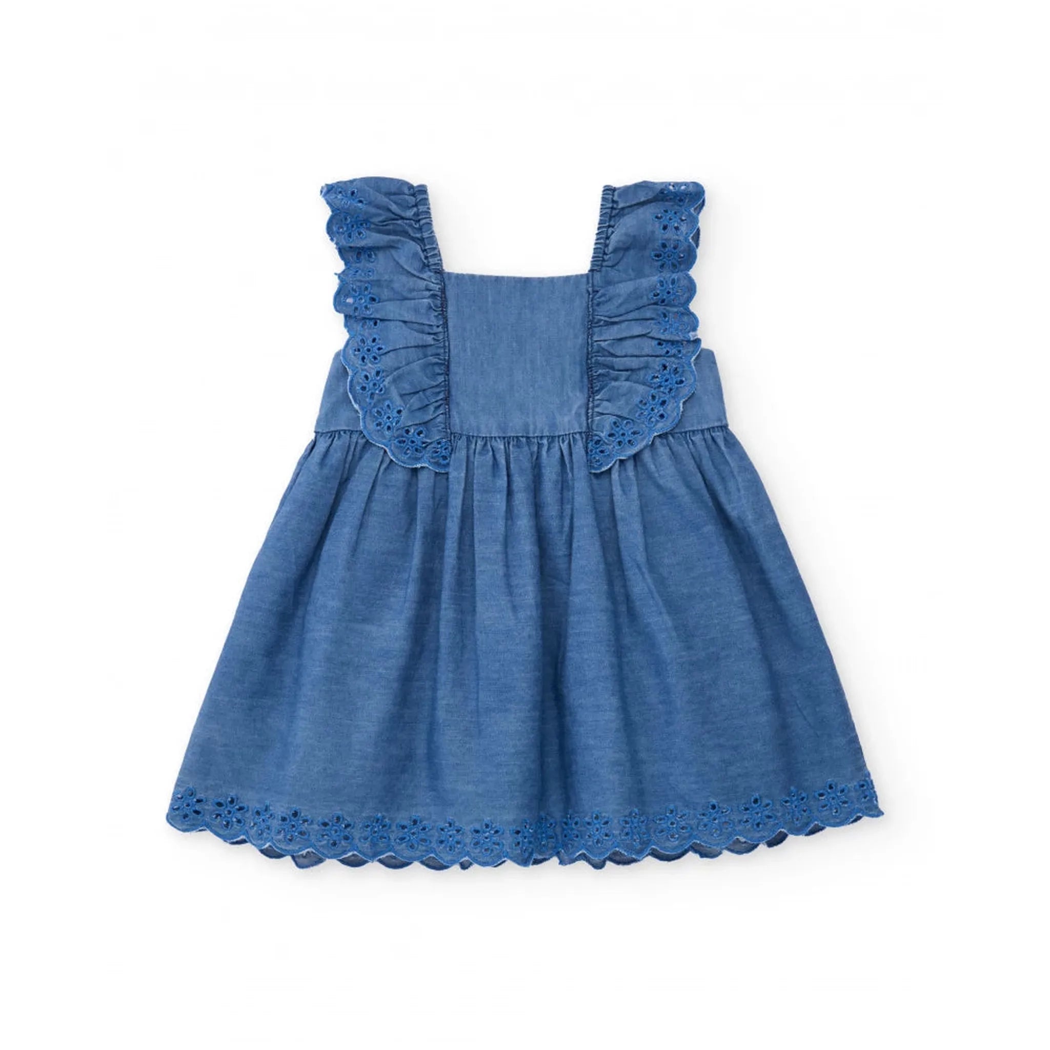 Girls’ woven dress with ruffles and floral embroidery
