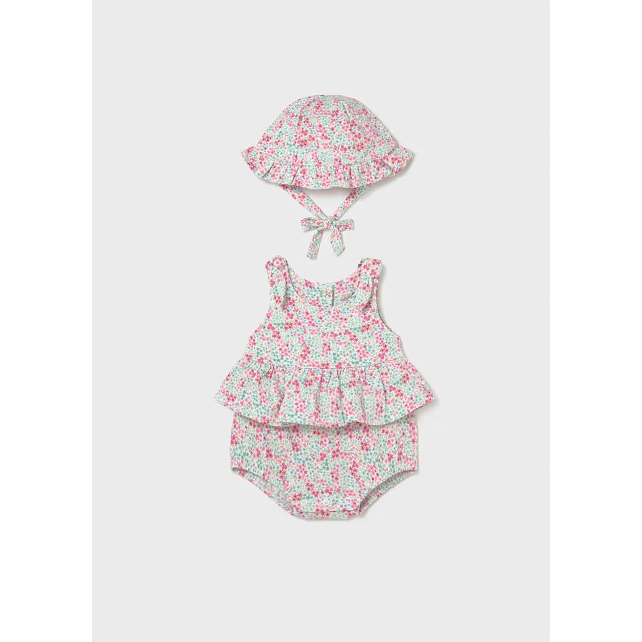 Newborn Girl Printed Romper with Hat Set