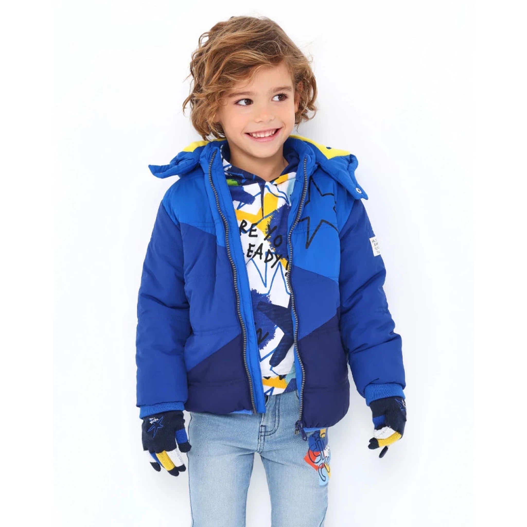 Quilted technical parka for boys in blue with printed star
