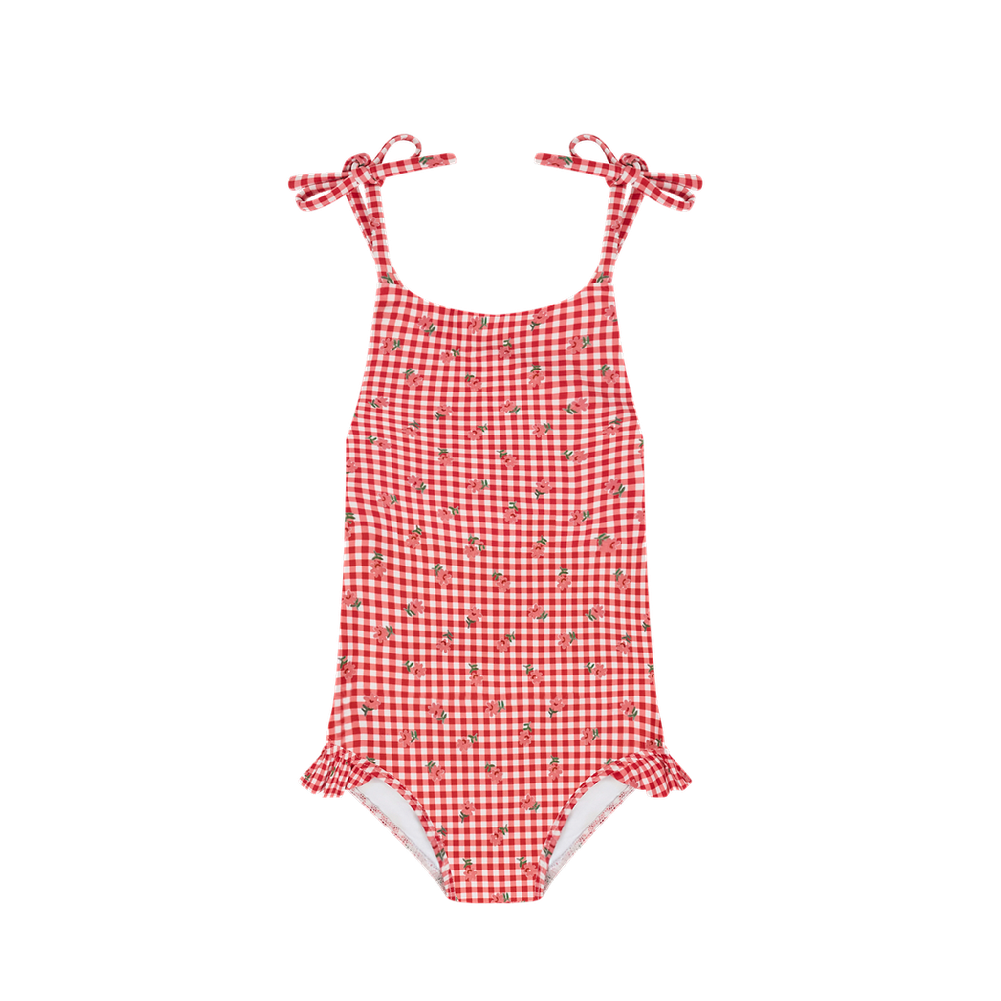 Girls Floral Gingham Front Tie Strap Halter One Piece