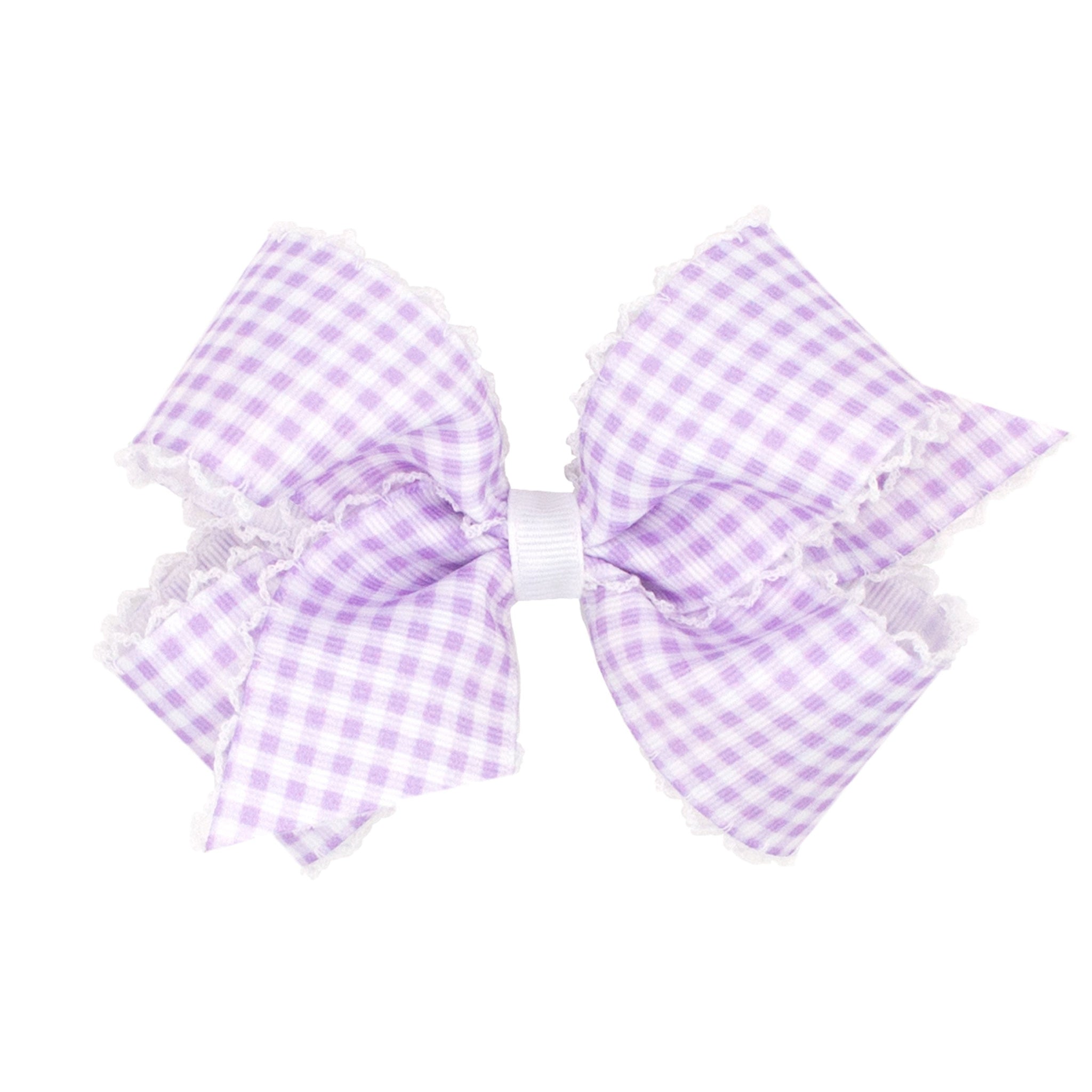 Medium Grosgrain Pastel Gingham Print With Moonstitch Trimmed Girls Hair Bow