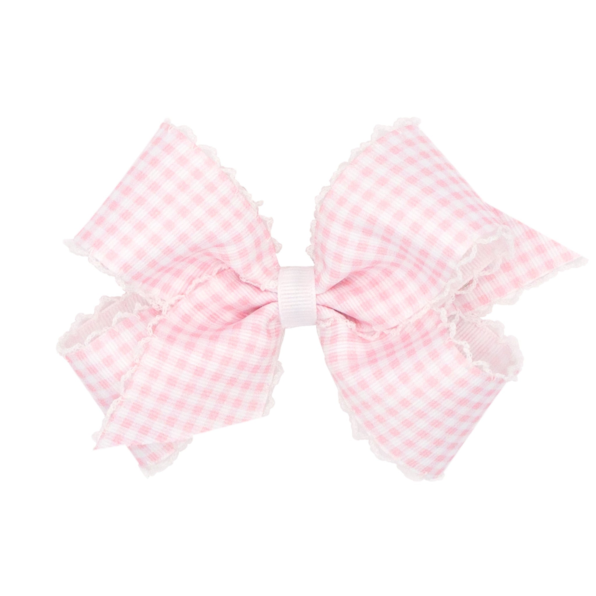 Medium Grosgrain Pastel Gingham Print With Moonstitch Trimmed Girls Hair Bow