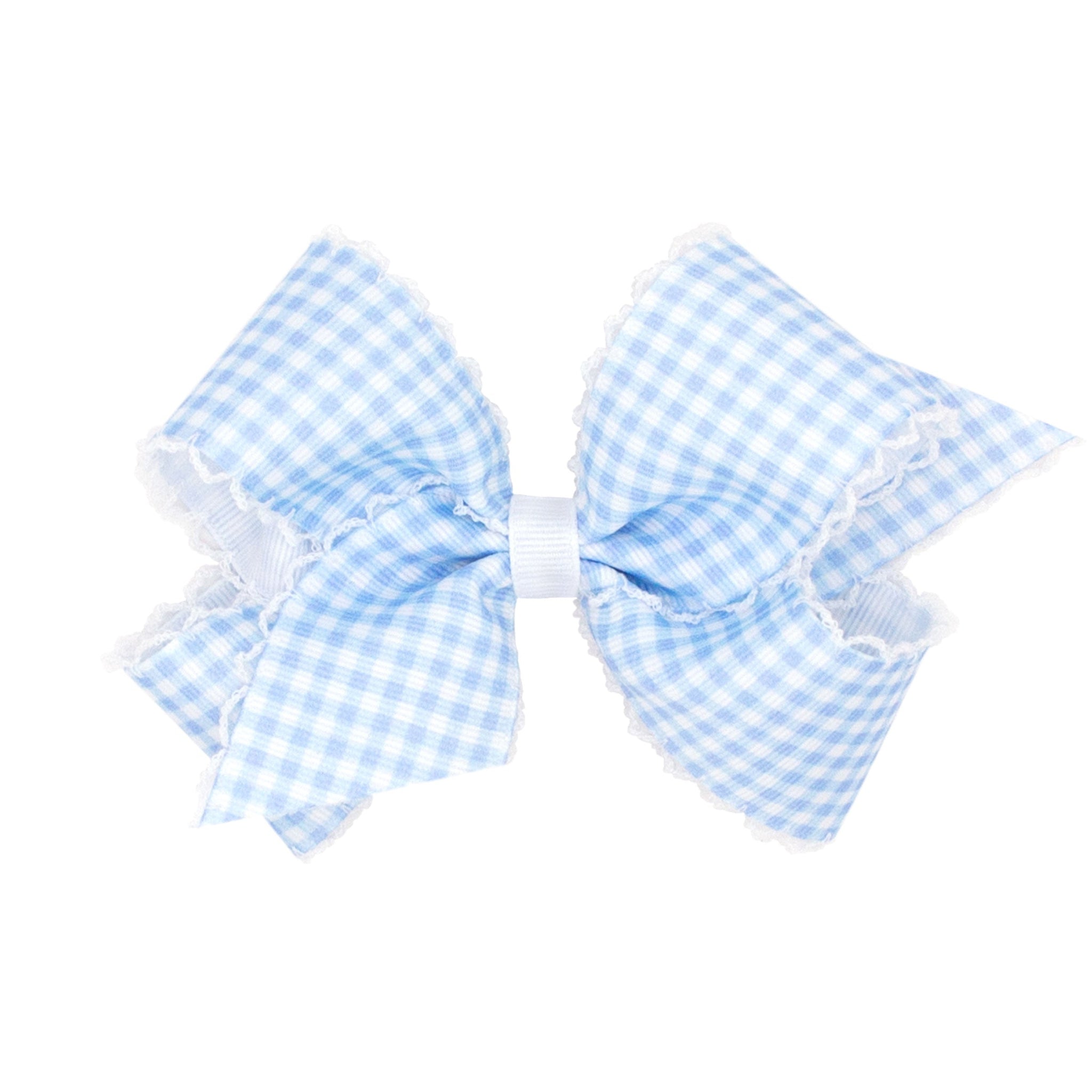 Medium Grosgrain Pastel Gingham Print With Moonstitch Trimmed Girls Hair Bow