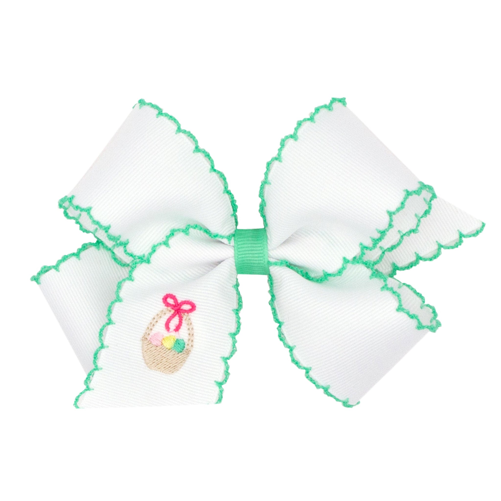 Medium Moonstitch on White Grosgrain Bow with Easter- Inspired Embroidered