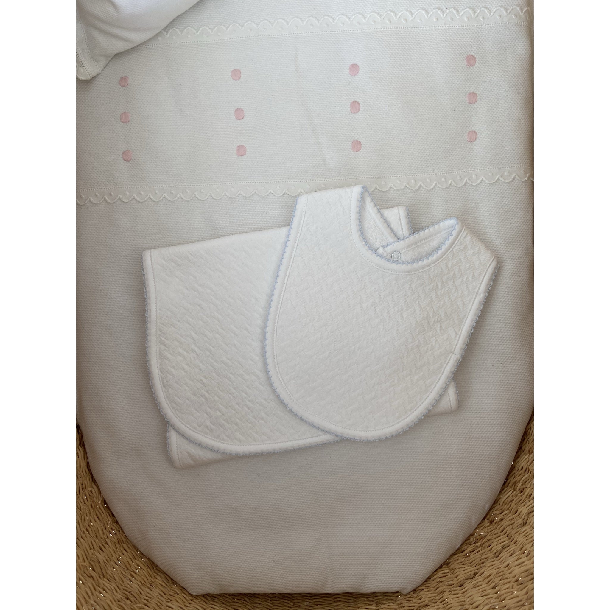 White Basket Burp & Bib Set - Blue Trim